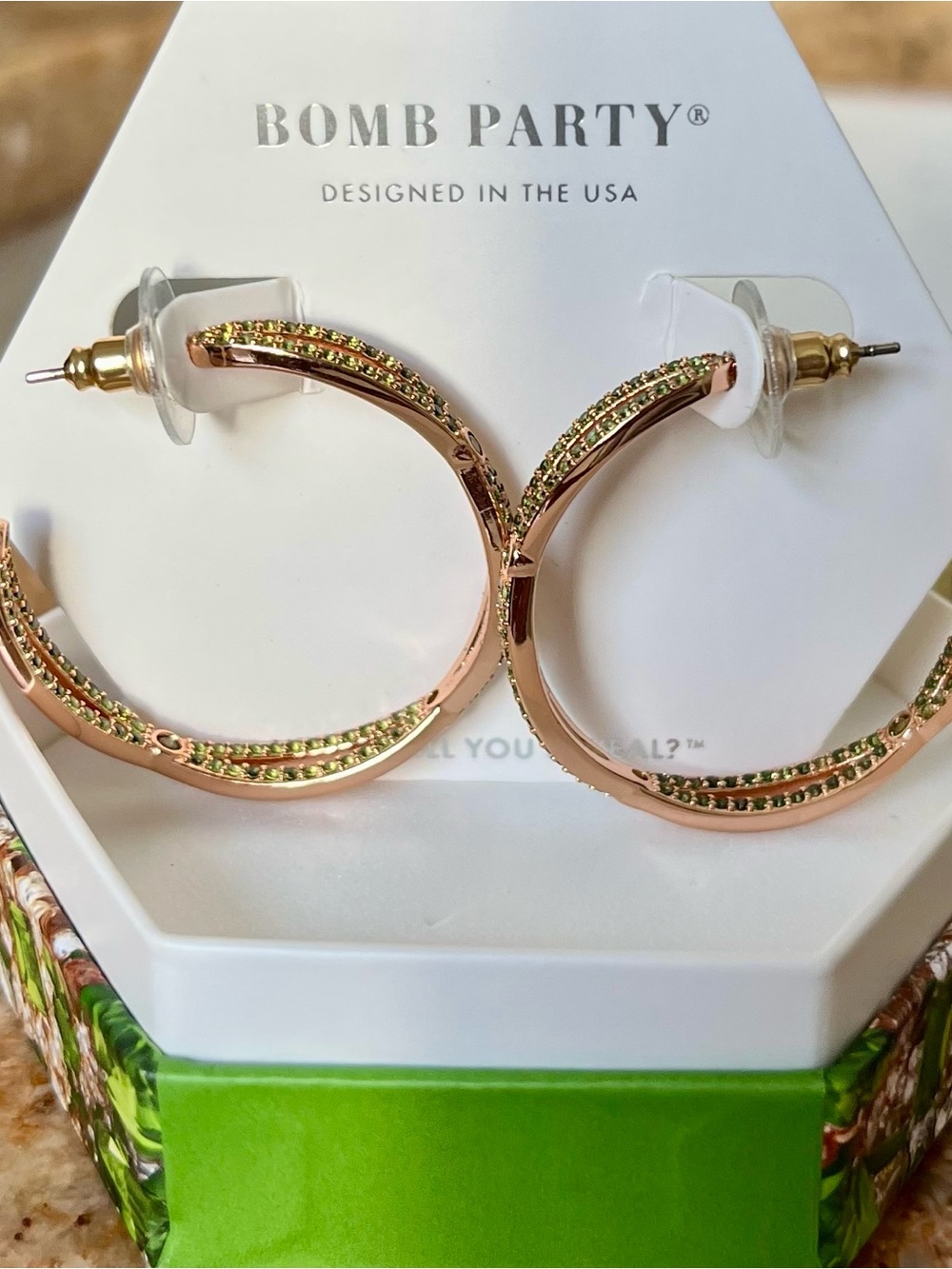 Bomb Party RBP6350 Rose Gold Hoop Earrings with Peridot Accents HTF